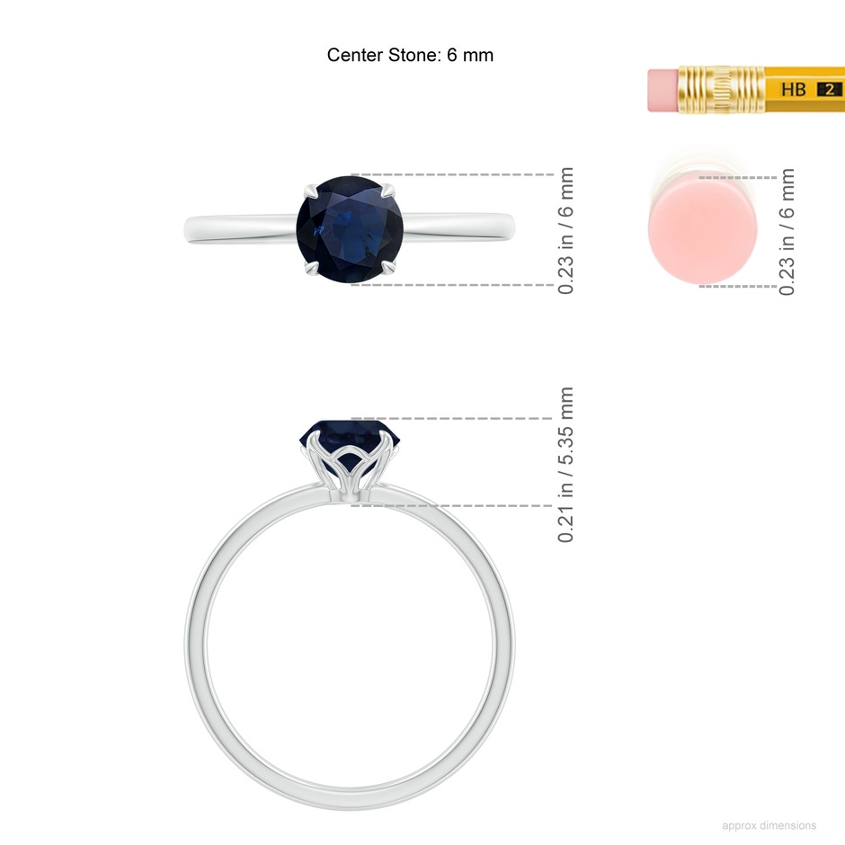 6mm A Solitaire Round Blue Sapphire Classic Engagement Ring in White Gold ruler