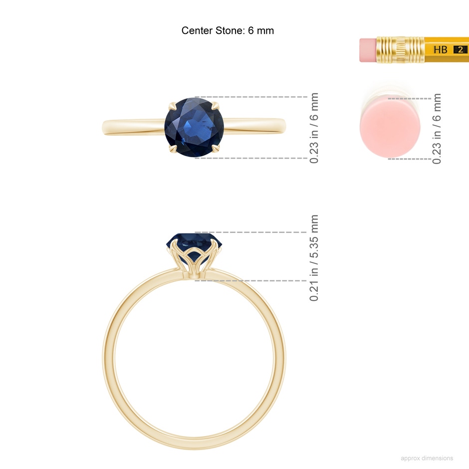 6mm AA Solitaire Round Blue Sapphire Classic Engagement Ring in Yellow Gold ruler