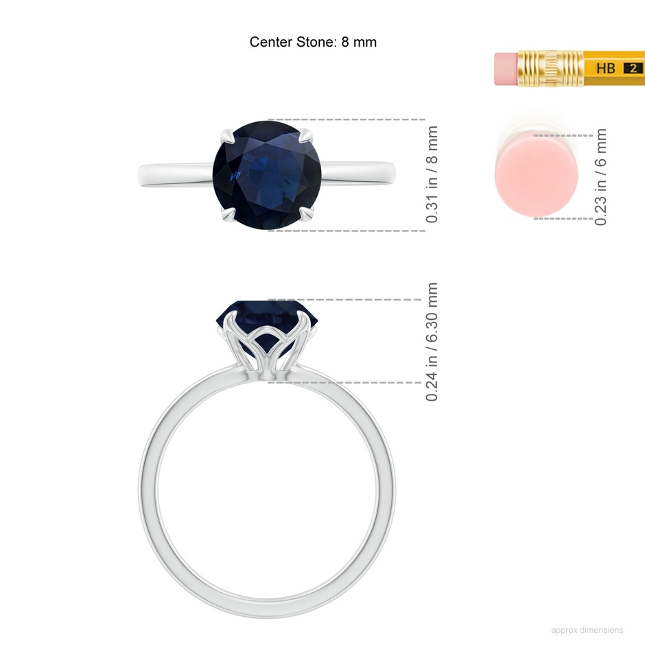 8mm A Solitaire Round Blue Sapphire Classic Engagement Ring in 18K White Gold ruler