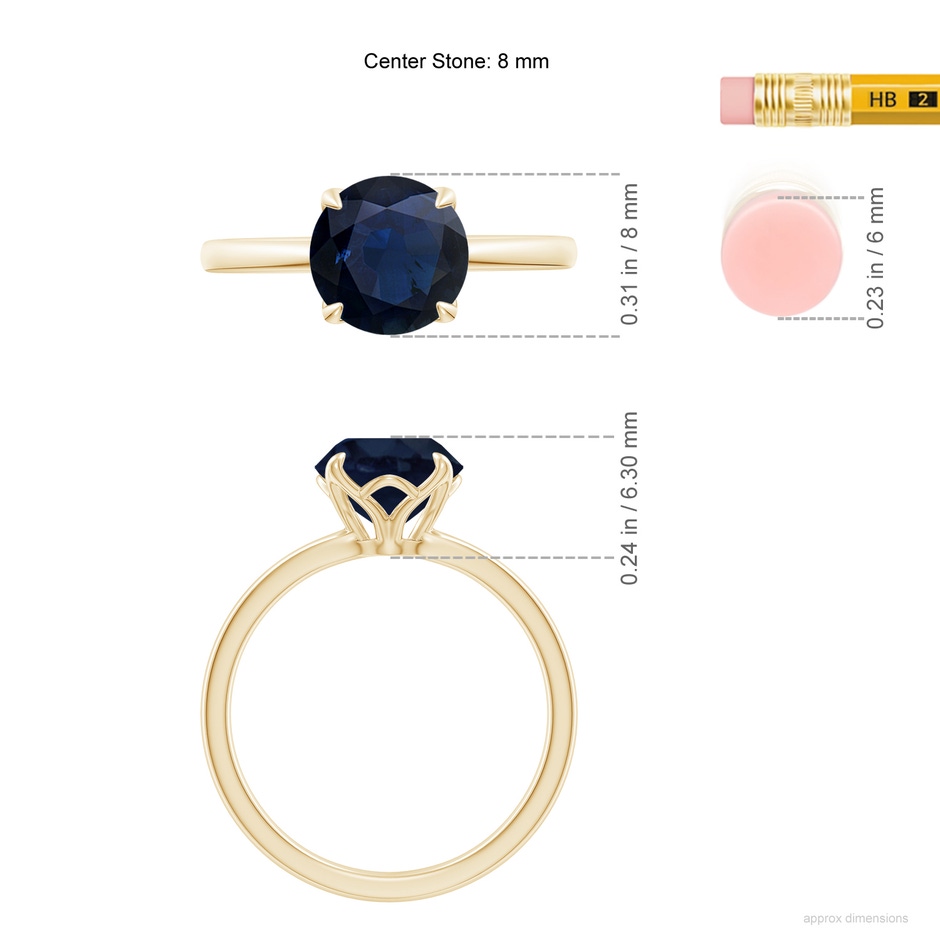 8mm A Solitaire Round Blue Sapphire Classic Engagement Ring in 18K Yellow Gold ruler