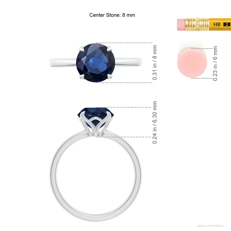 8mm AA Solitaire Round Blue Sapphire Classic Engagement Ring in P950 Platinum ruler