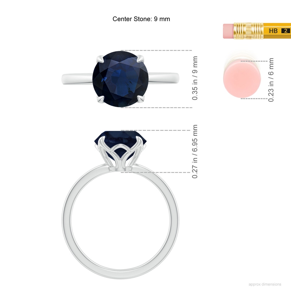 9mm A Solitaire Round Blue Sapphire Classic Engagement Ring in White Gold ruler