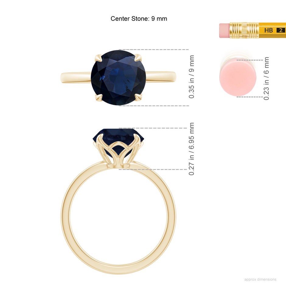9mm A Solitaire Round Blue Sapphire Classic Engagement Ring in Yellow Gold ruler