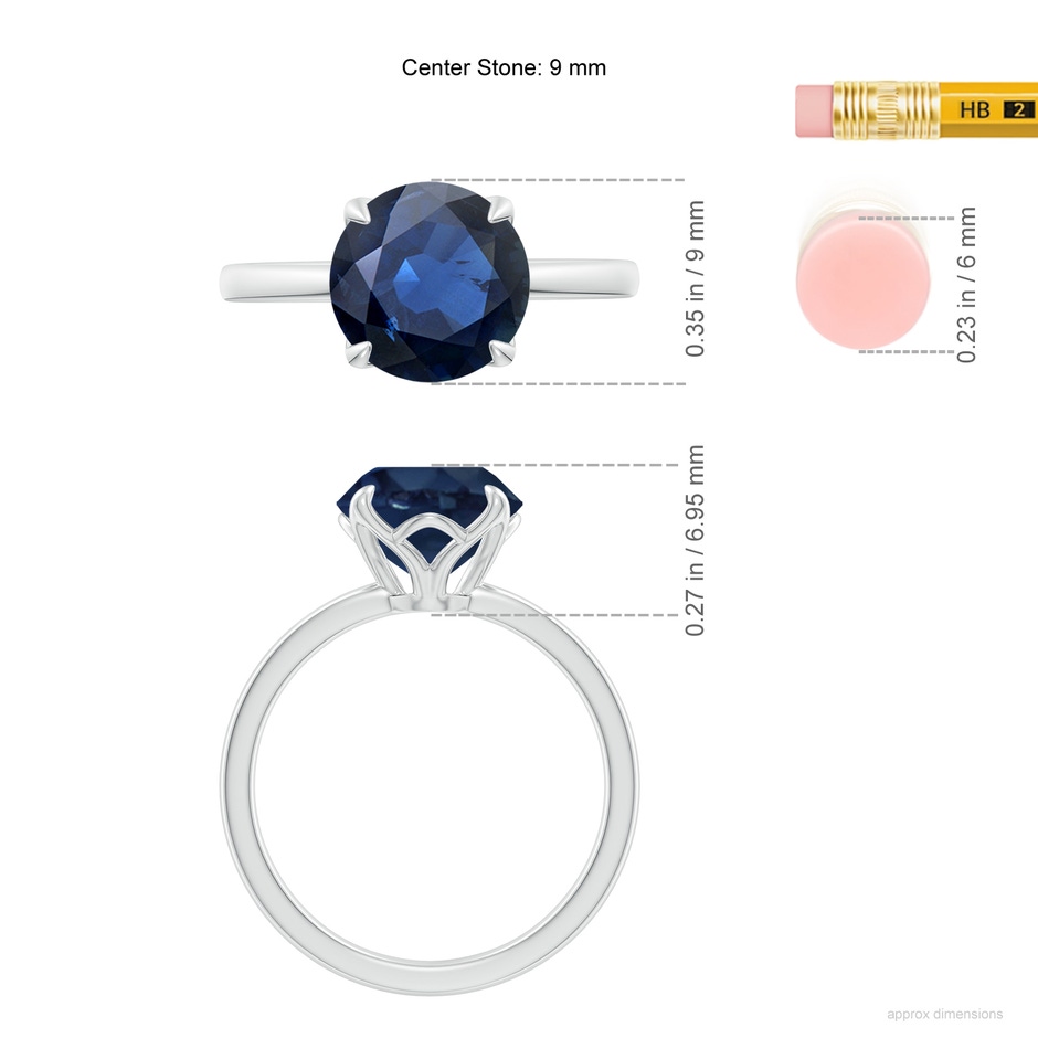 9mm AA Solitaire Round Blue Sapphire Classic Engagement Ring in P950 Platinum ruler