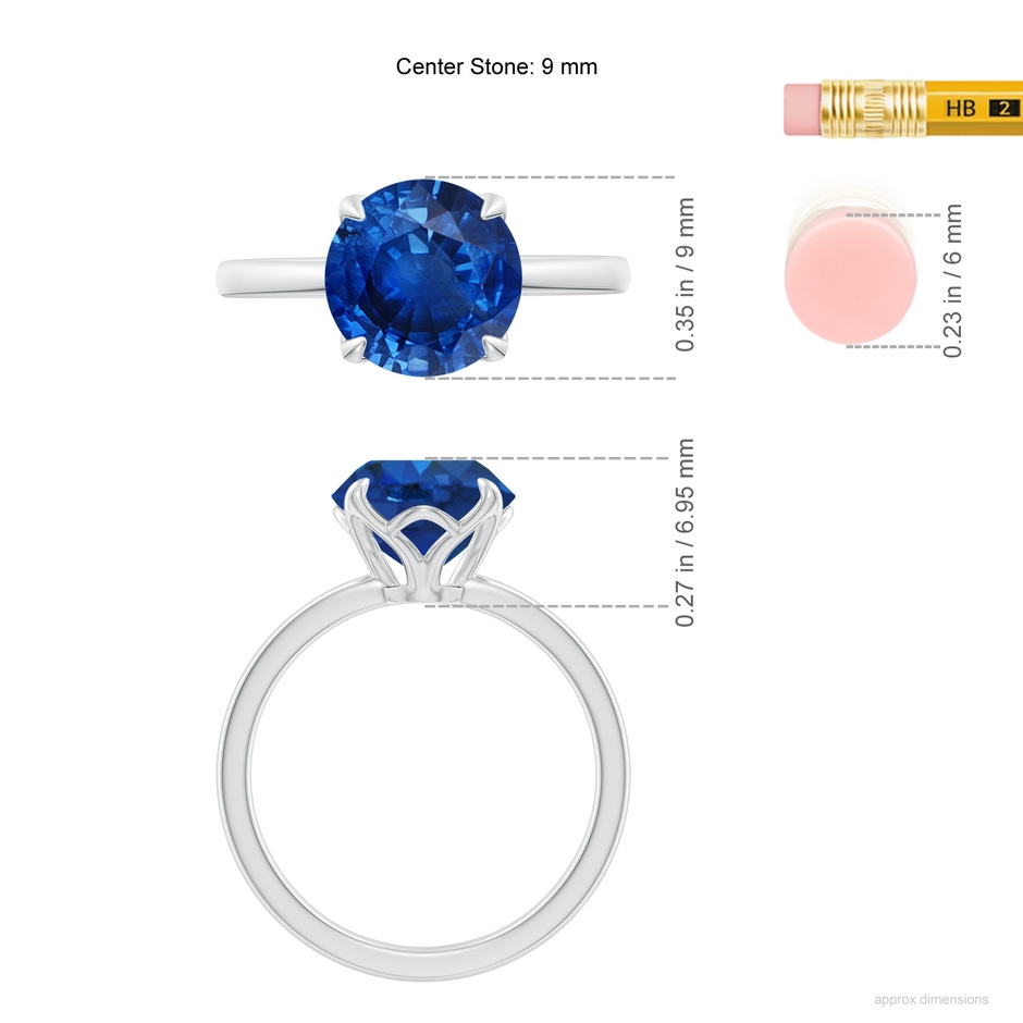 9mm AAA Solitaire Round Blue Sapphire Classic Engagement Ring in White Gold ruler