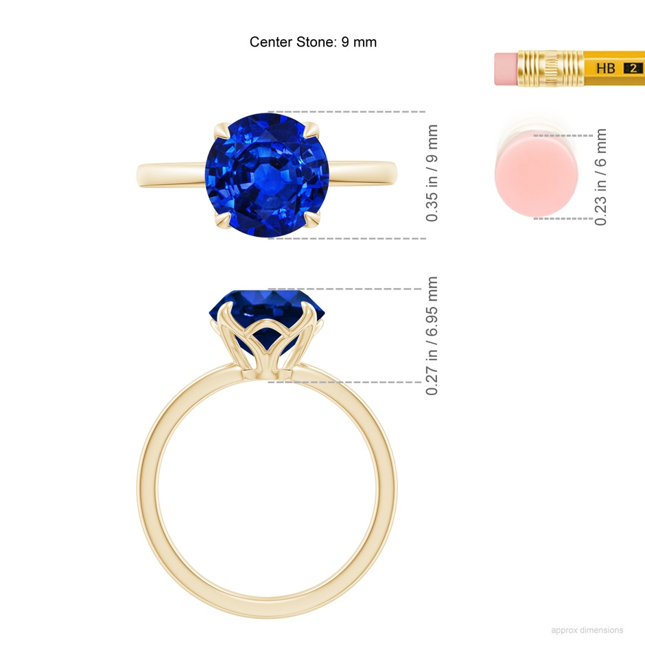 9mm Lab-Grown Solitaire Round Blue Sapphire Classic Engagement Ring in 18K Yellow Gold ruler