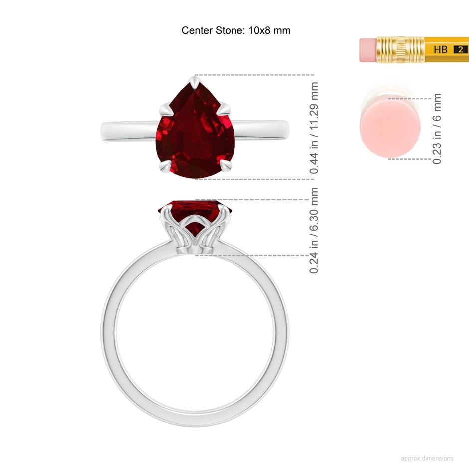 10x8mm AAAA Solitaire Pear-Shaped Ruby Classic Engagement Ring in 18K White Gold ruler