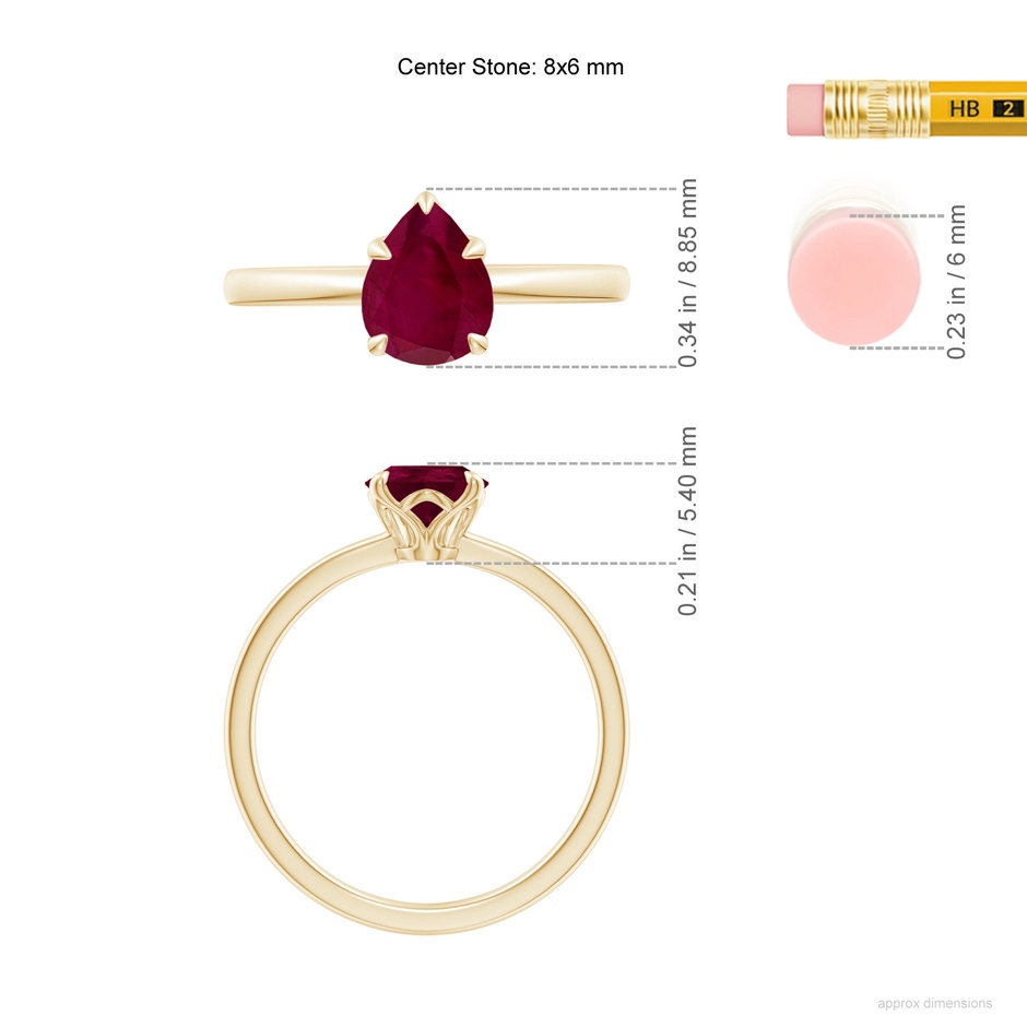 8x6mm A Solitaire Pear-Shaped Ruby Classic Engagement Ring in Yellow Gold ruler