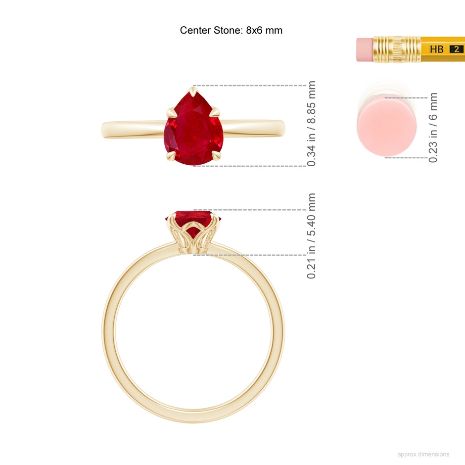 8x6mm AAA Solitaire Pear-Shaped Ruby Classic Engagement Ring in Yellow Gold ruler