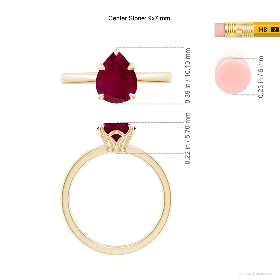 9x7mm A Solitaire Pear-Shaped Ruby Classic Engagement Ring in Yellow Gold ruler