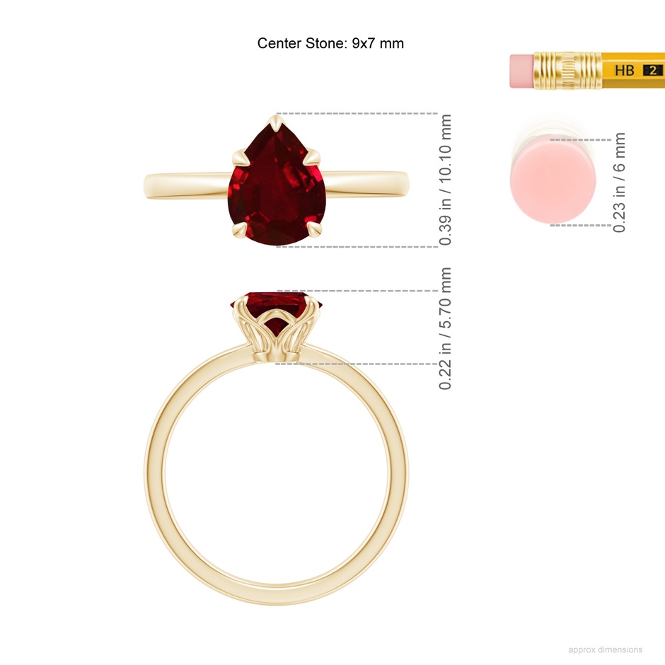 9x7mm AAAA Solitaire Pear-Shaped Ruby Classic Engagement Ring in Yellow Gold ruler