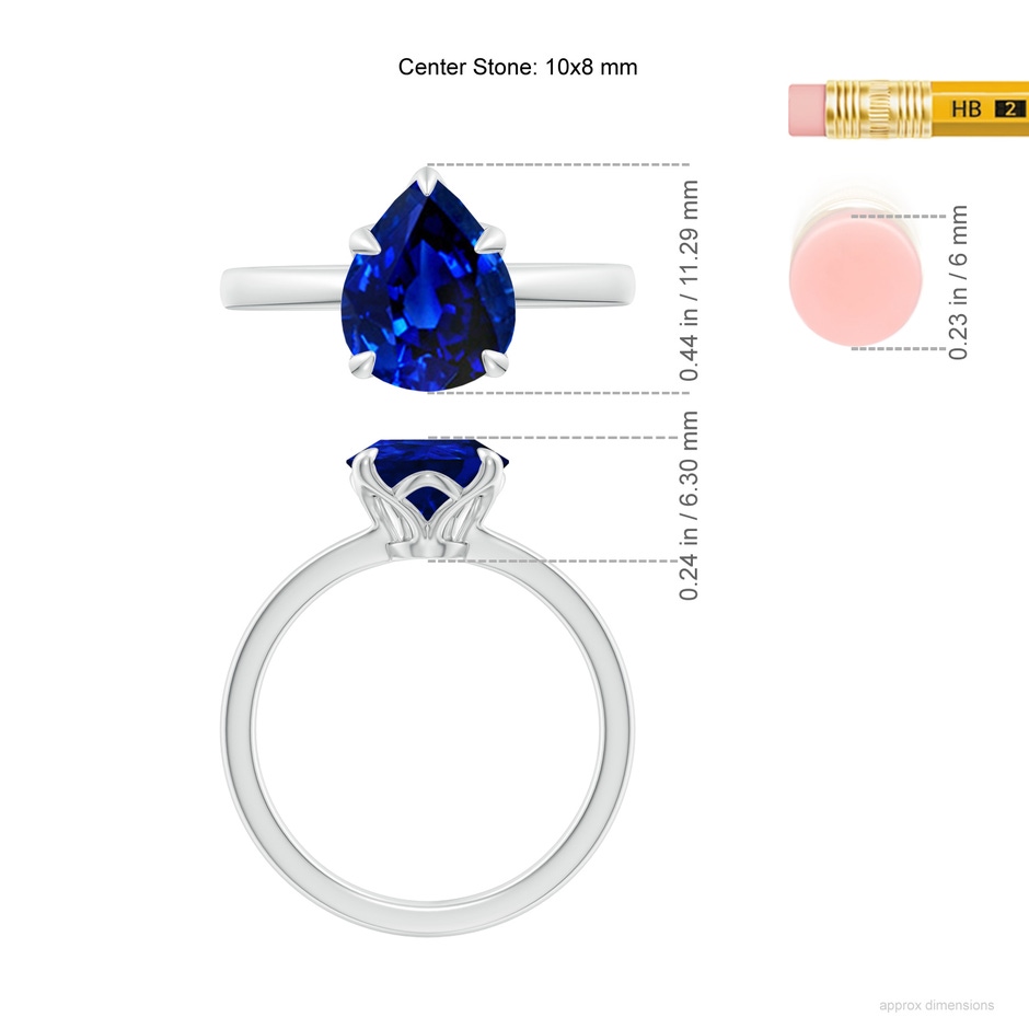 10x8mm Lab-Grown Solitaire Pear-Shaped Blue Sapphire Classic Engagement Ring in P950 Platinum ruler