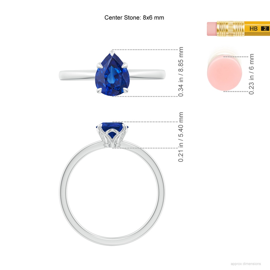 8x6mm AAA Solitaire Pear-Shaped Blue Sapphire Classic Engagement Ring in 18K White Gold ruler