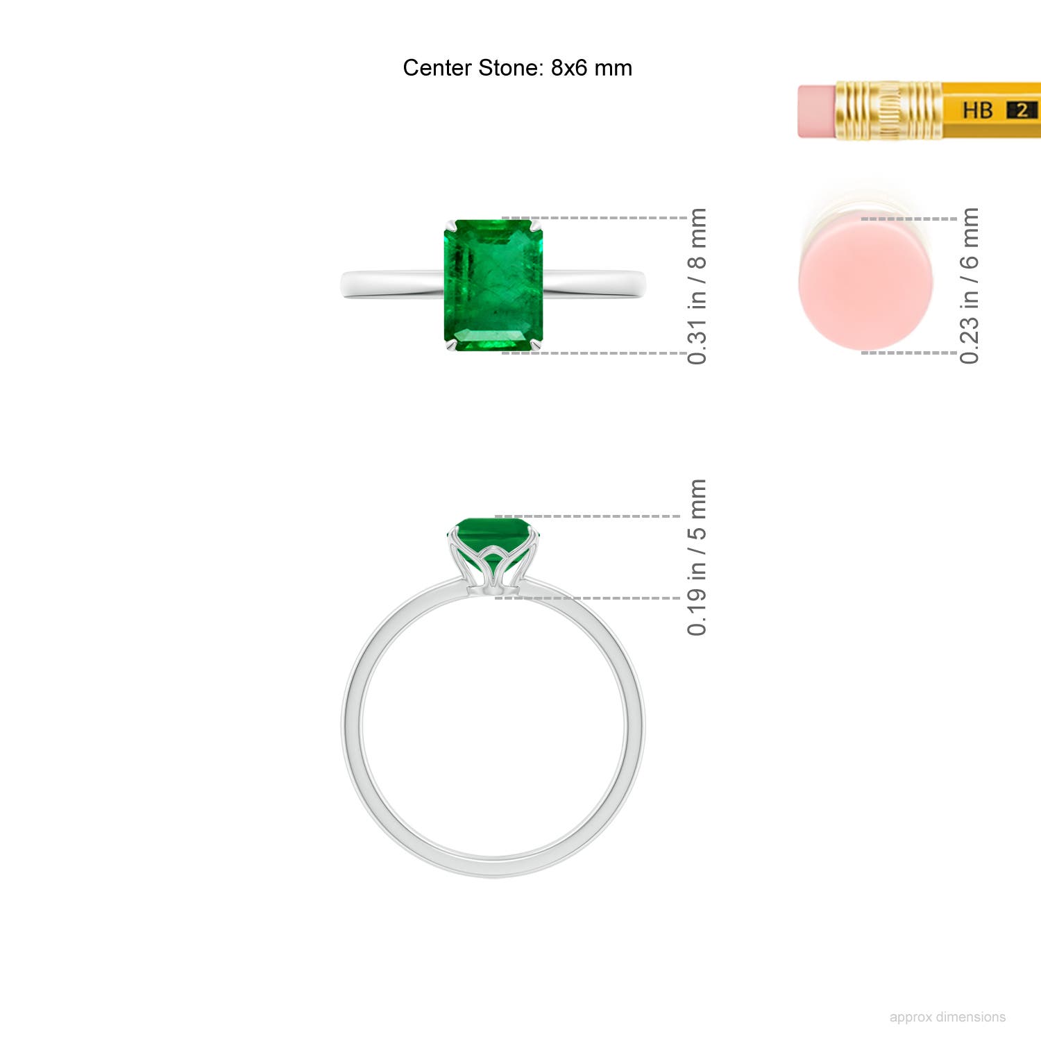 8x6mm AAA Solitaire Emerald-Cut Emerald Classic Engagement Ring in White Gold - ruler