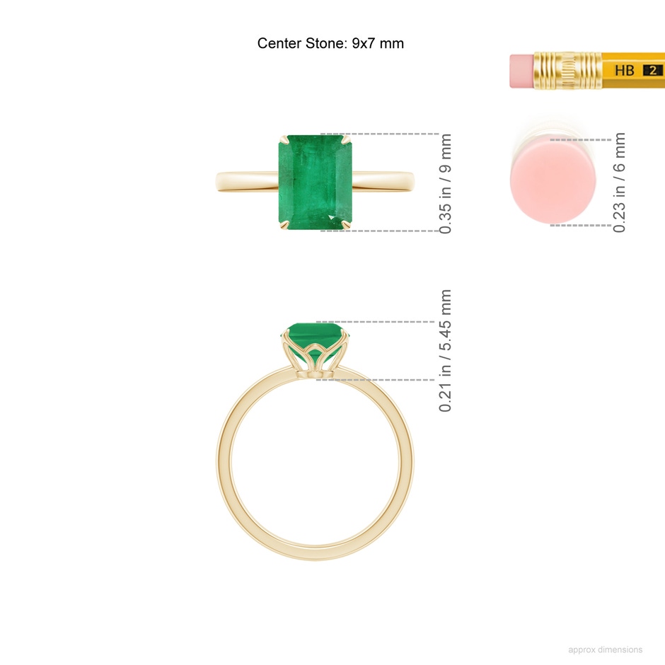 9x7mm A Solitaire Emerald-Cut Emerald Classic Engagement Ring in Yellow Gold ruler
