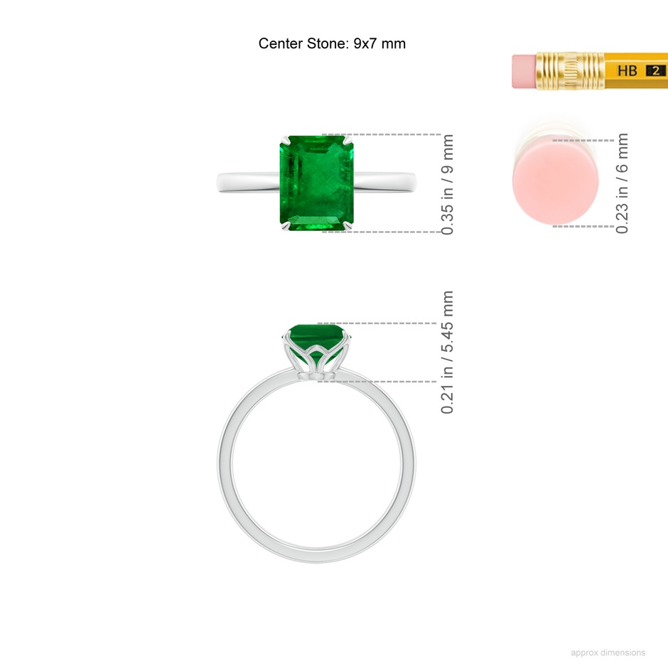 9x7mm AAAA Solitaire Emerald-Cut Emerald Classic Engagement Ring in 18K White Gold ruler