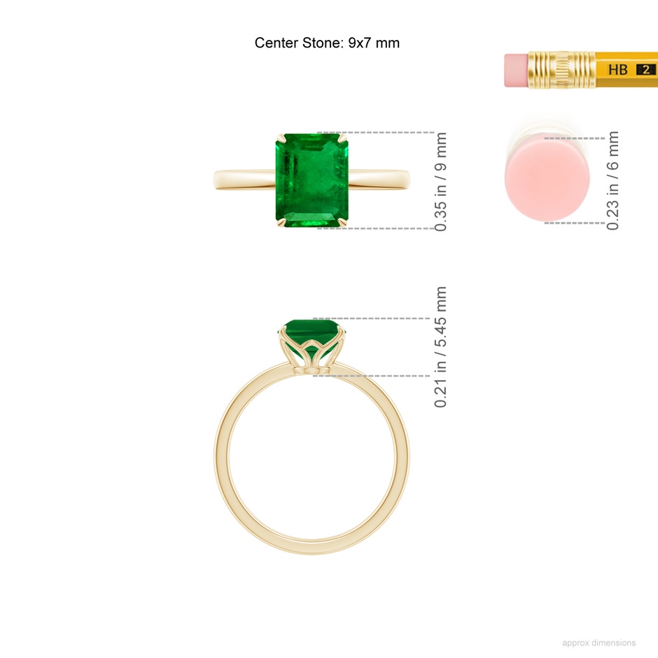 9x7mm AAAA Solitaire Emerald-Cut Emerald Classic Engagement Ring in Yellow Gold ruler