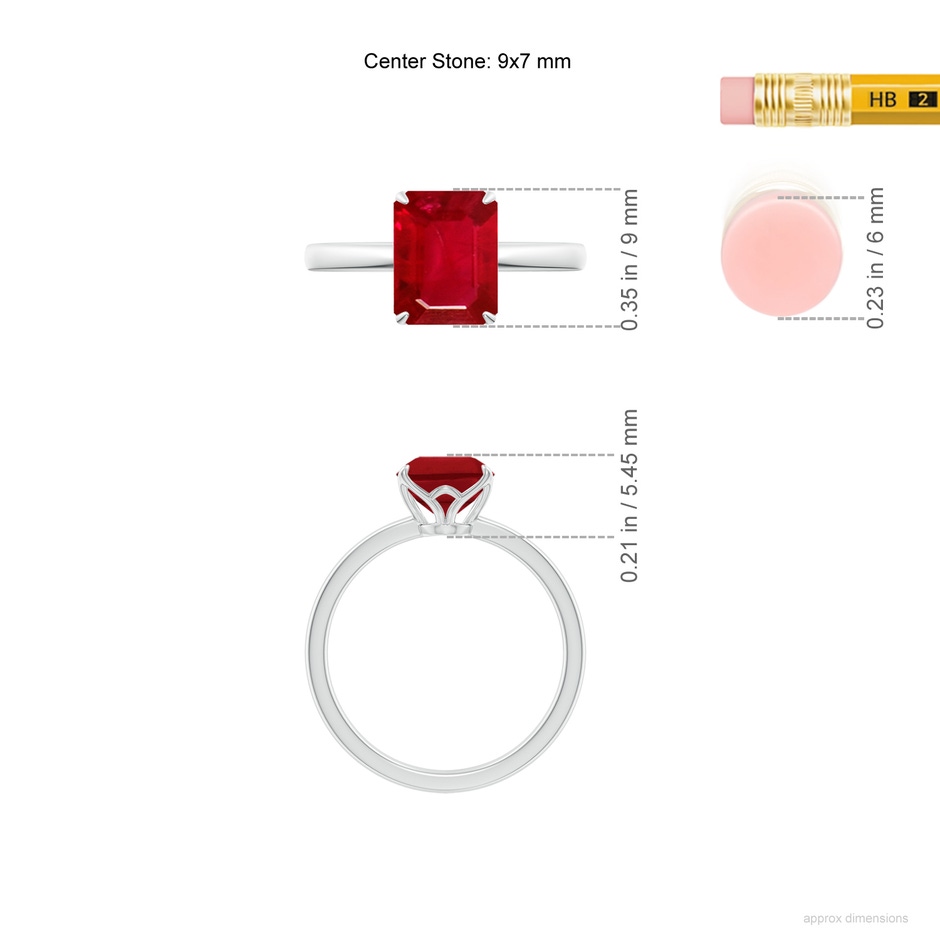 9x7mm AAA Solitaire Emerald-Cut Ruby Classic Engagement Ring in P950 Platinum ruler