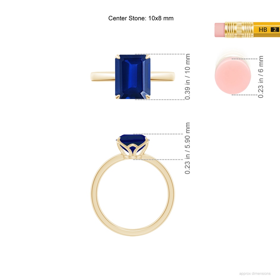 10x8mm Lab-Grown Solitaire Emerald-Cut Blue Sapphire Classic Engagement Ring in 18K Yellow Gold ruler