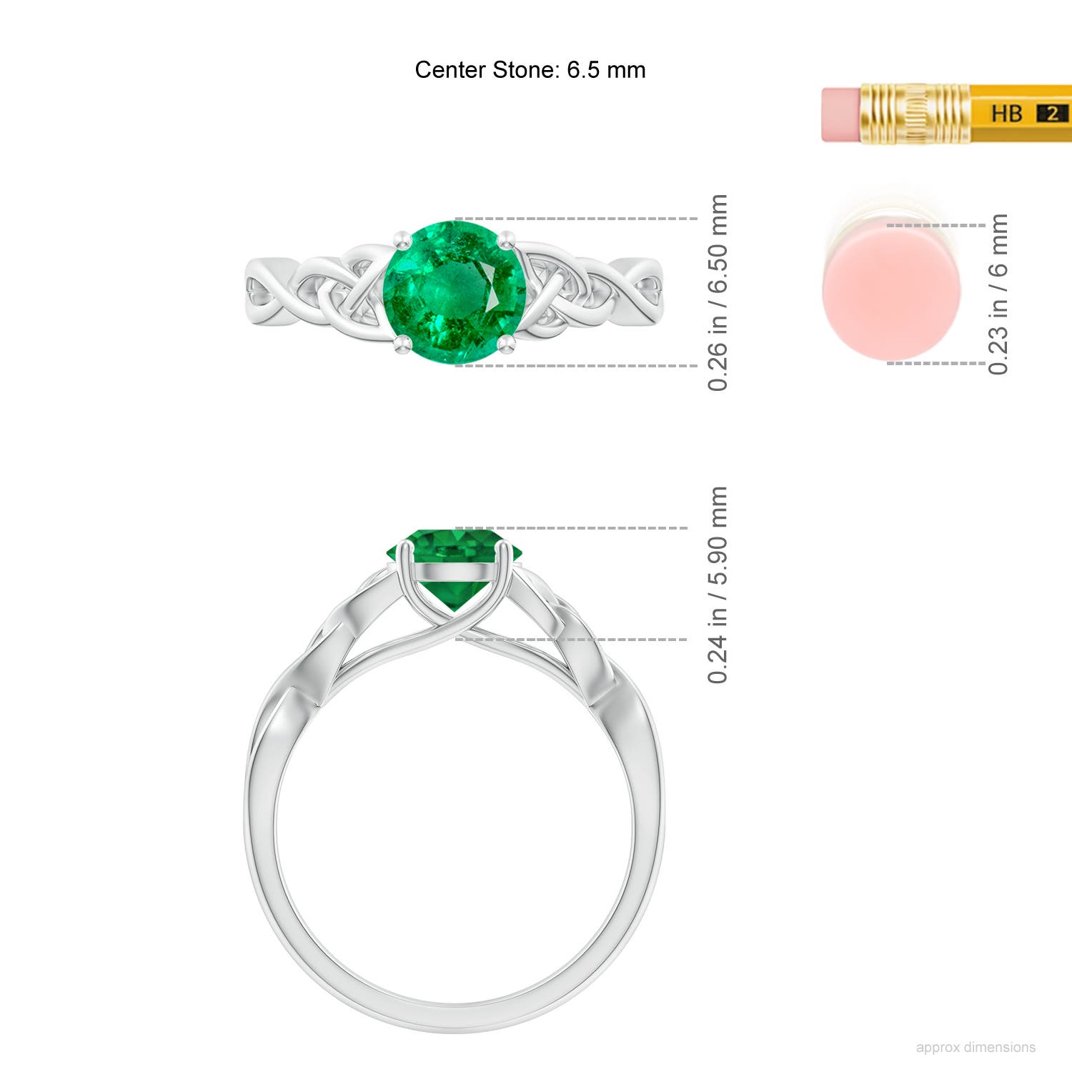 6.5mm AAA Round Emerald Celtic Knot Engagement Ring in White Gold - ruler