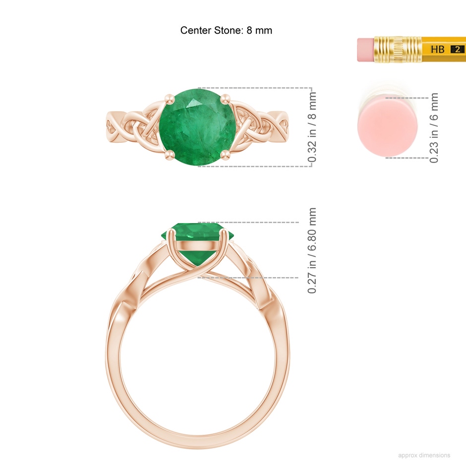 8mm A Round Emerald Celtic Knot Engagement Ring in Rose Gold ruler