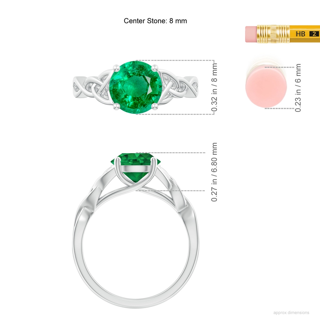 8mm AAA Round Emerald Celtic Knot Engagement Ring in White Gold ruler