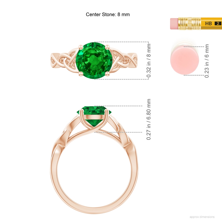 8mm AAAA Round Emerald Celtic Knot Engagement Ring in Rose Gold ruler
