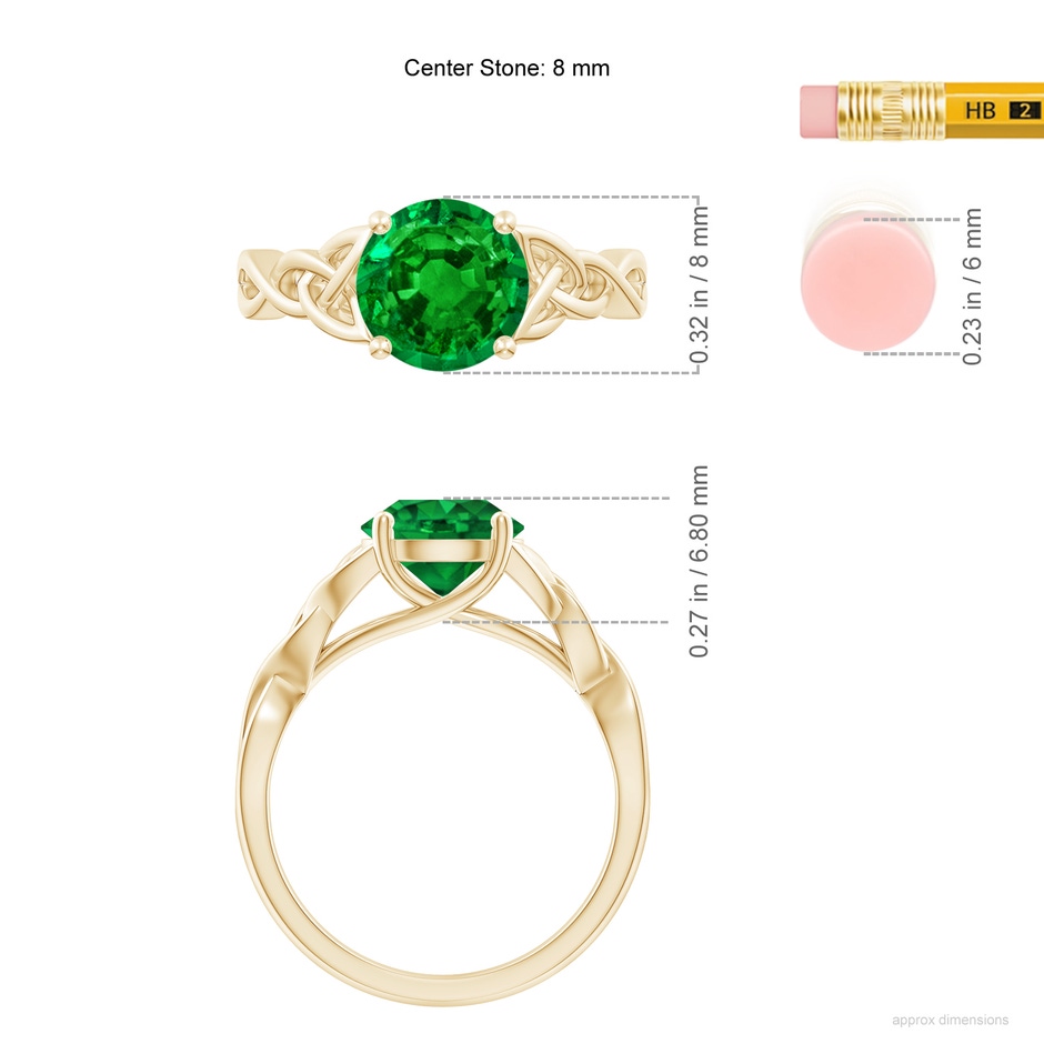 8mm AAAA Round Emerald Celtic Knot Engagement Ring in Yellow Gold ruler