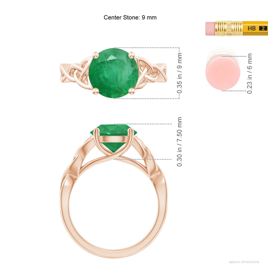 9mm A Round Emerald Celtic Knot Engagement Ring in Rose Gold ruler