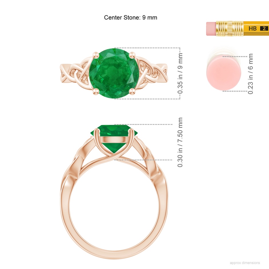 9mm AA Round Emerald Celtic Knot Engagement Ring in Rose Gold ruler