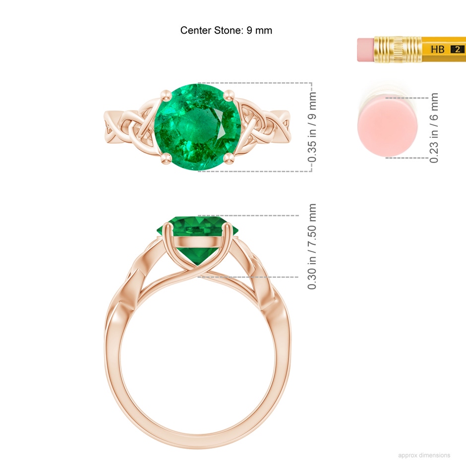 9mm AAA Round Emerald Celtic Knot Engagement Ring in 18K Rose Gold ruler