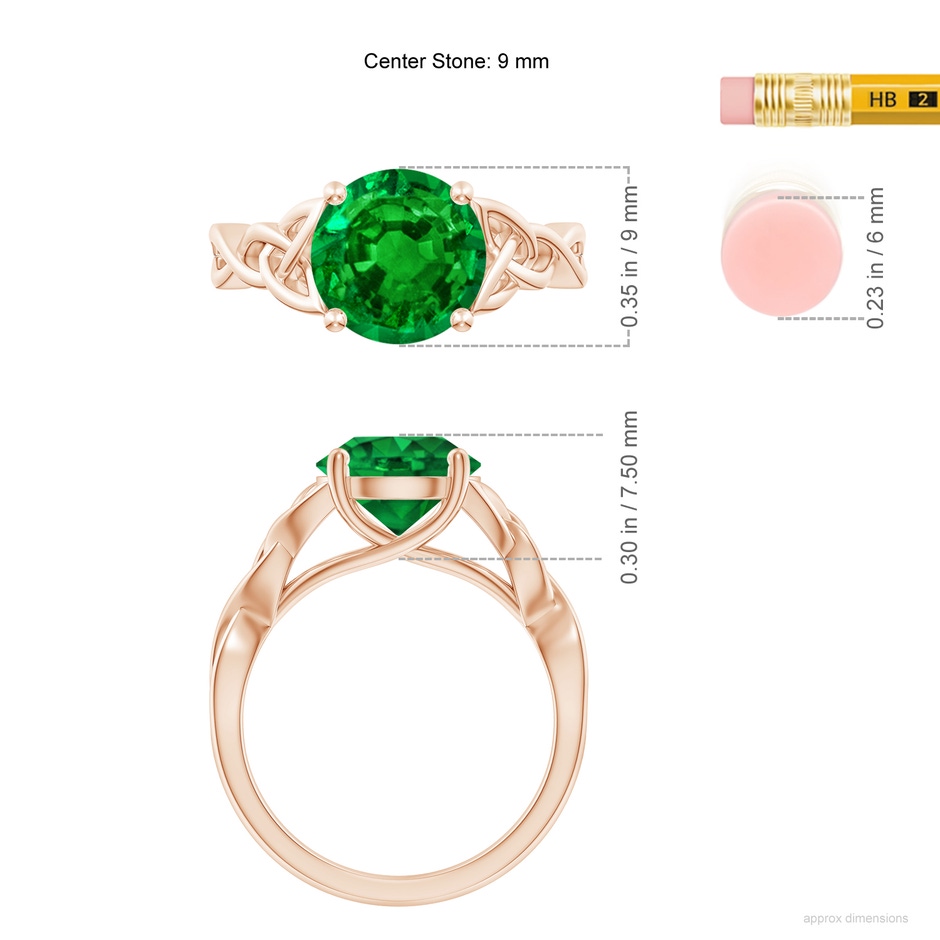 9mm AAAA Round Emerald Celtic Knot Engagement Ring in 18K Rose Gold ruler