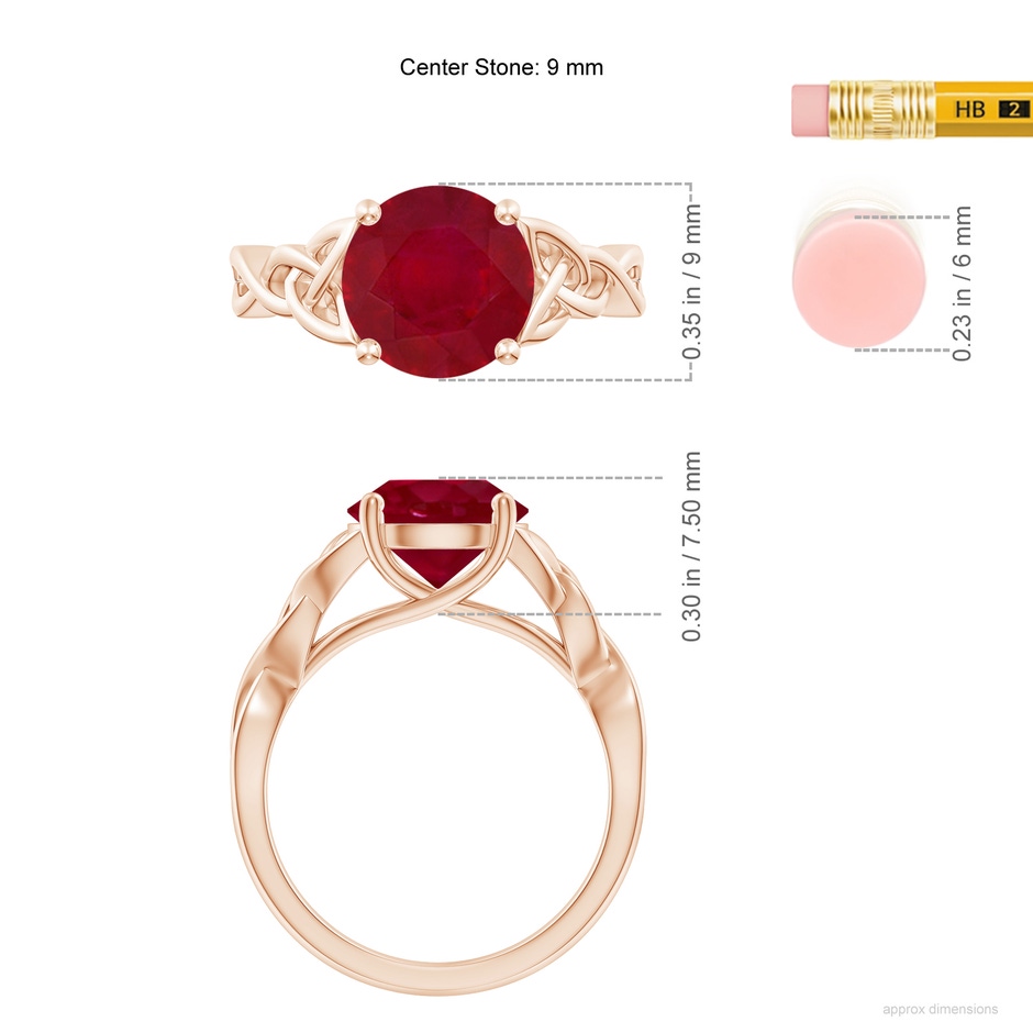 9mm AA Round Ruby Celtic Knot Engagement Ring in Rose Gold ruler
