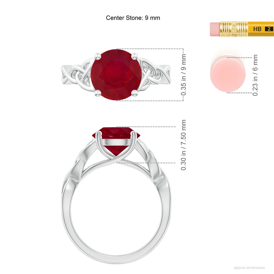9mm AA Round Ruby Celtic Knot Engagement Ring in White Gold ruler