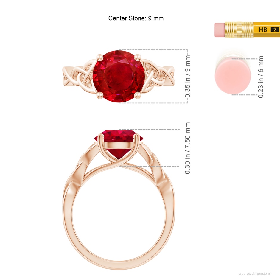 9mm AAA Round Ruby Celtic Knot Engagement Ring in 18K Rose Gold ruler
