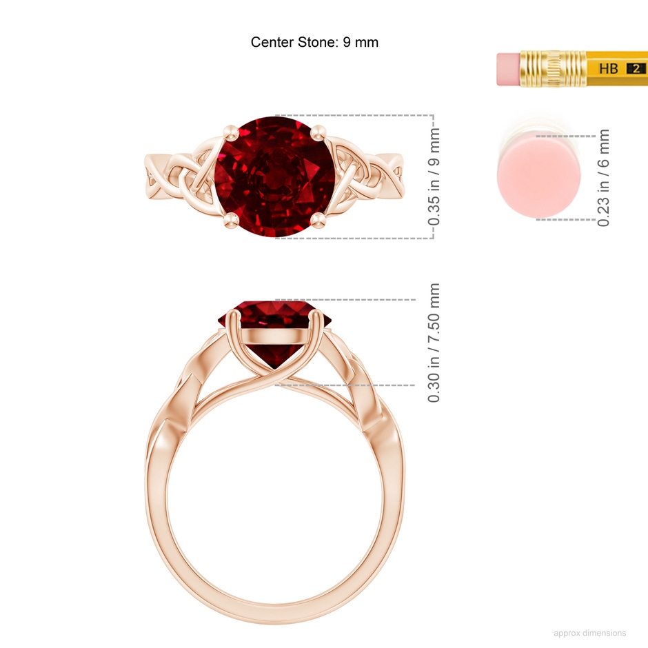 9mm AAAA Round Ruby Celtic Knot Engagement Ring in Rose Gold ruler