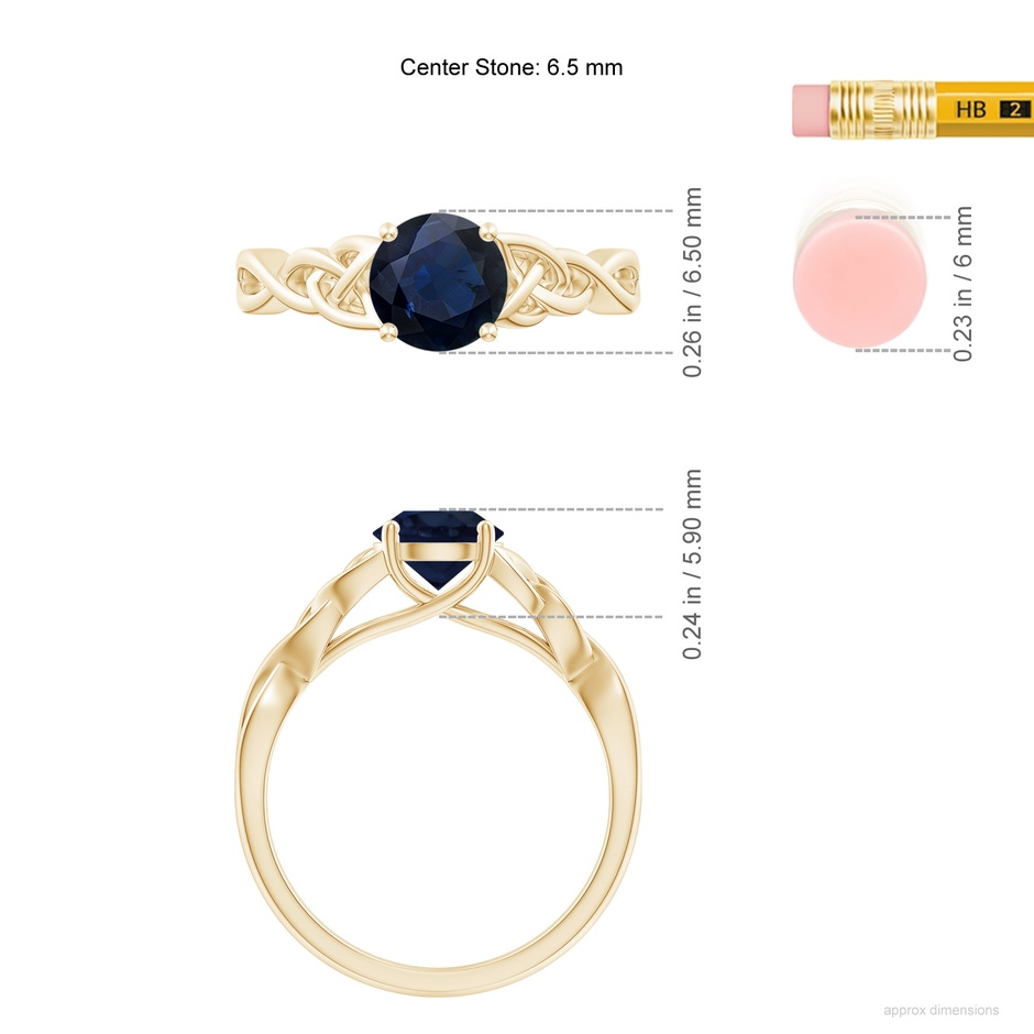 6.5mm A Round Blue Sapphire Celtic Knot Engagement Ring in Yellow Gold ruler