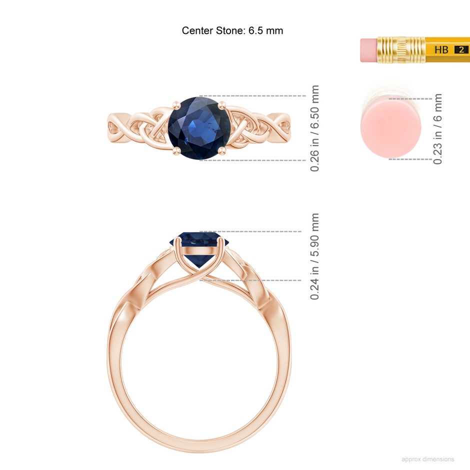 6.5mm AA Round Blue Sapphire Celtic Knot Engagement Ring in Rose Gold ruler