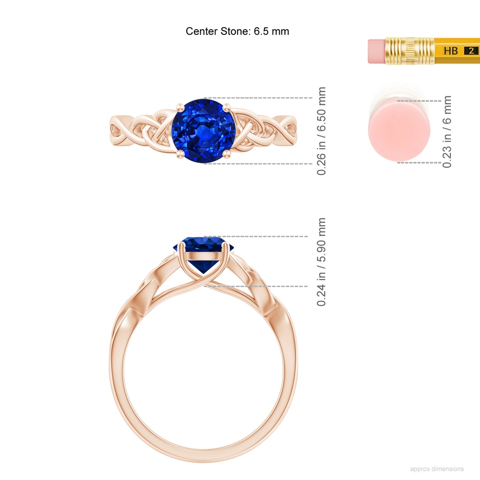 6.5mm Lab-Grown Round Blue Sapphire Celtic Knot Engagement Ring in Rose Gold ruler