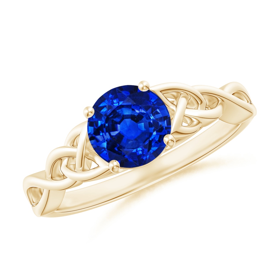 6.5mm Lab-Grown Round Blue Sapphire Celtic Knot Engagement Ring in Yellow Gold 
