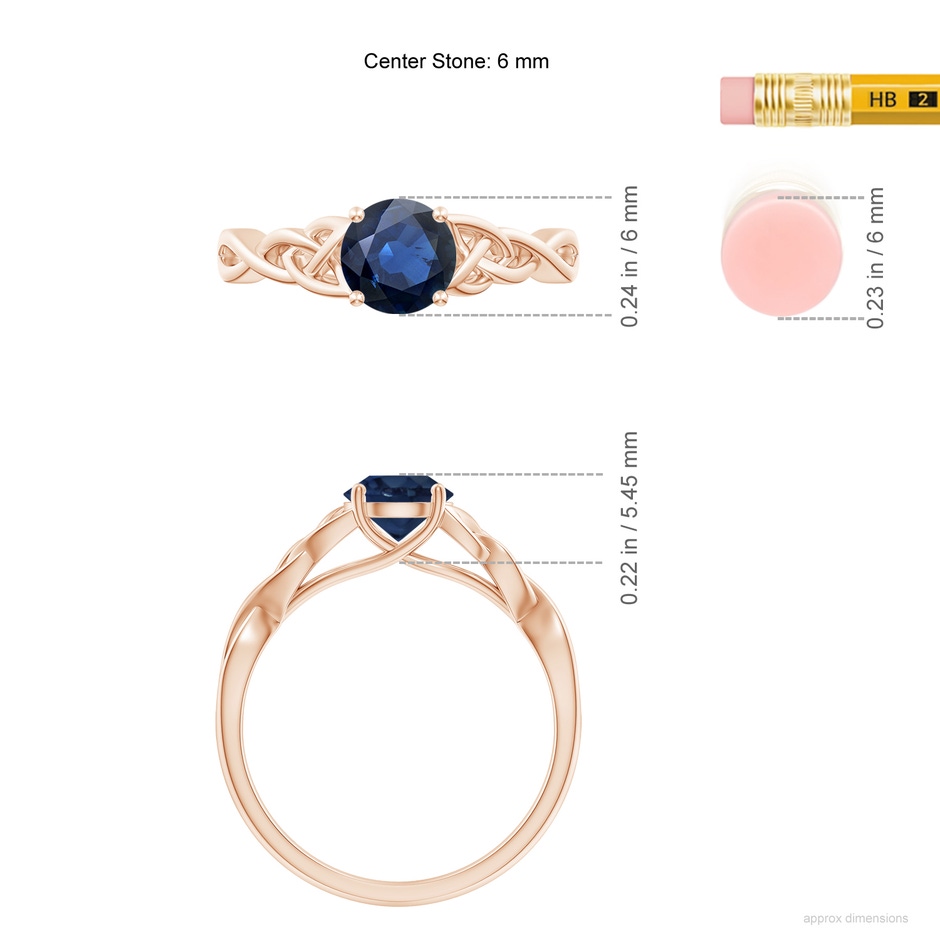 6mm AA Round Blue Sapphire Celtic Knot Engagement Ring in Rose Gold ruler