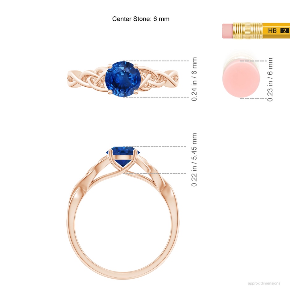 6mm AAA Round Blue Sapphire Celtic Knot Engagement Ring in Rose Gold ruler