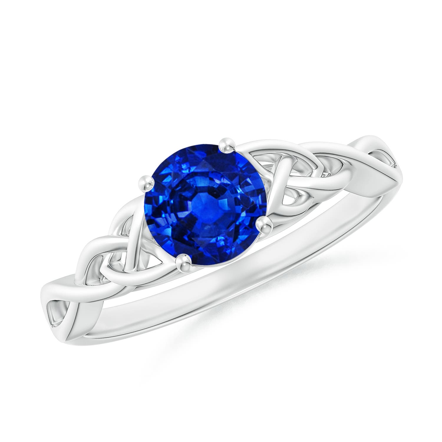 6mm AAAA Round Blue Sapphire Celtic Knot Engagement Ring in 18K White Gold