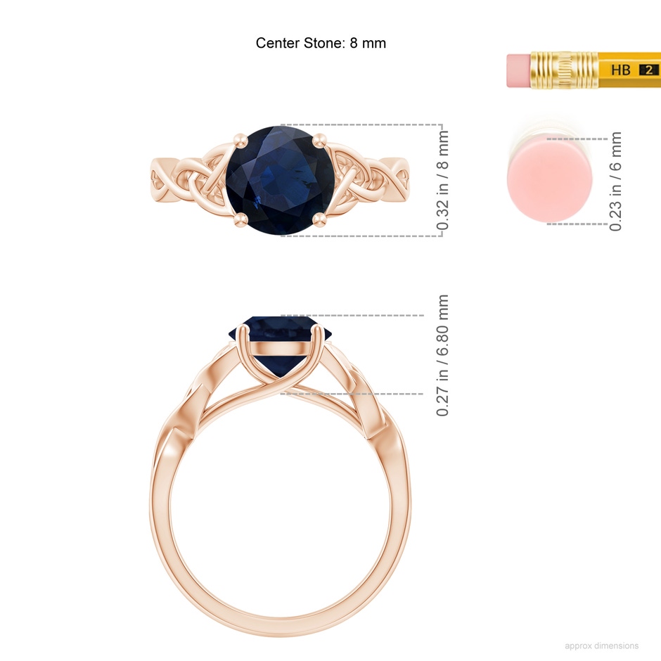 8mm A Round Blue Sapphire Celtic Knot Engagement Ring in Rose Gold ruler