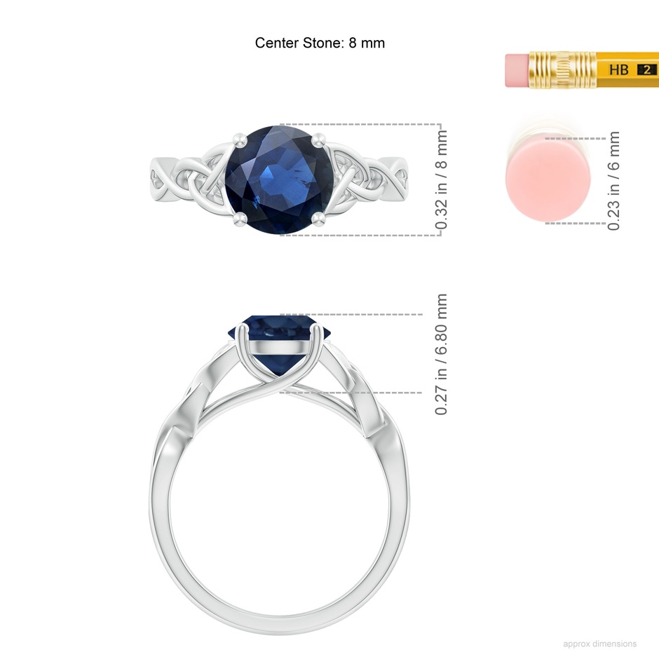 8mm AA Round Blue Sapphire Celtic Knot Engagement Ring in P950 Platinum ruler