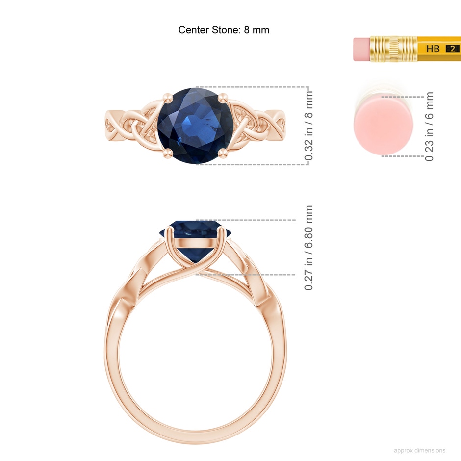 8mm AA Round Blue Sapphire Celtic Knot Engagement Ring in Rose Gold ruler