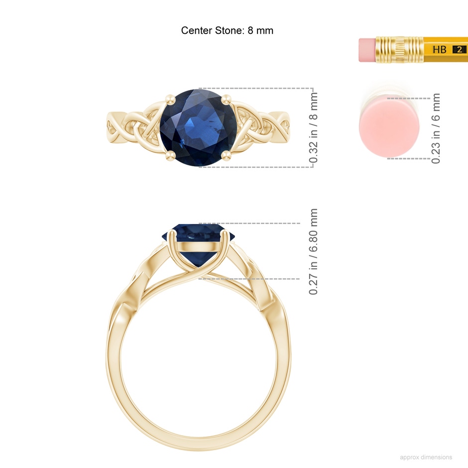 8mm AA Round Blue Sapphire Celtic Knot Engagement Ring in Yellow Gold ruler