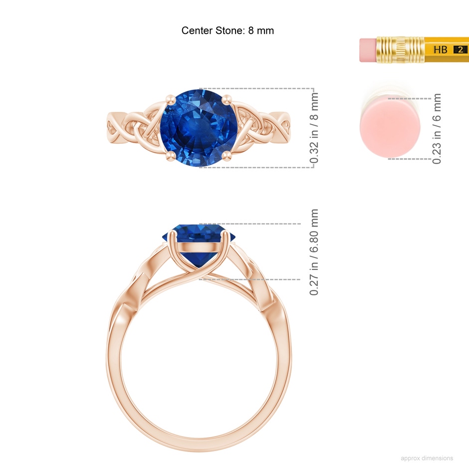 8mm AAA Round Blue Sapphire Celtic Knot Engagement Ring in 18K Rose Gold ruler