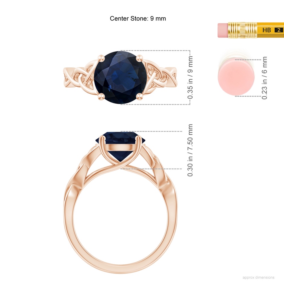 9mm A Round Blue Sapphire Celtic Knot Engagement Ring in 18K Rose Gold ruler
