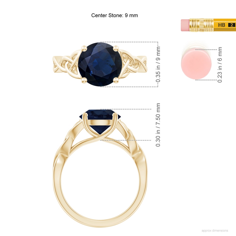 9mm A Round Blue Sapphire Celtic Knot Engagement Ring in Yellow Gold ruler